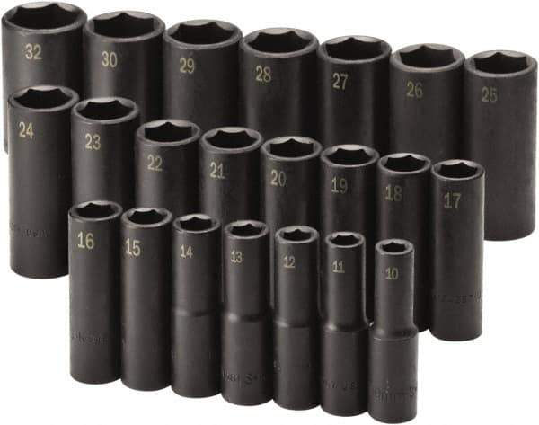 SK - 22 Piece 1/2" Drive Black Finish Deep Well Impact Socket Set - 6 Points, 10mm to 32mm Range, Metric Measurement Standard - All Tool & Supply