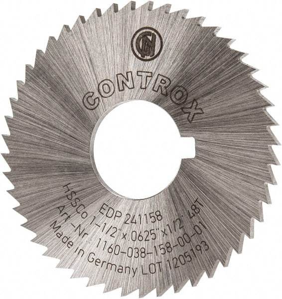 Controx - 1-1/2" Diam x 1/16" Blade Thickness x 1/2" Arbor Hole Diam, 48 Tooth Slitting and Slotting Saw - Arbor Connection, Right Hand, Uncoated, Cobalt, Concave Ground, Contains Keyway - All Tool & Supply