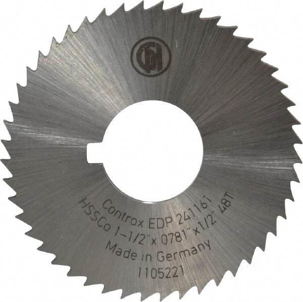 Controx - 1-1/2" Diam x 0.0781" Blade Thickness x 1/2" Arbor Hole Diam, 48 Tooth Slitting and Slotting Saw - Arbor Connection, Right Hand, Uncoated, Cobalt, Concave Ground, Contains Keyway - All Tool & Supply