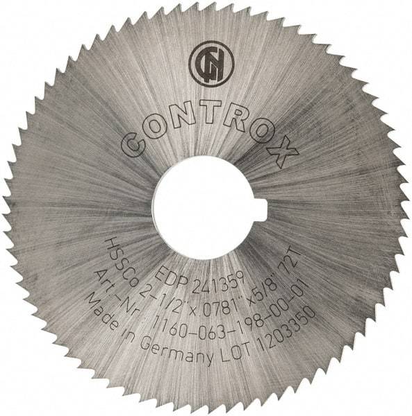 Controx - 2-1/2" Diam x 0.0781" Blade Thickness x 5/8" Arbor Hole Diam, 72 Tooth Slitting and Slotting Saw - Arbor Connection, Right Hand, Uncoated, Cobalt, Concave Ground, Contains Keyway - All Tool & Supply