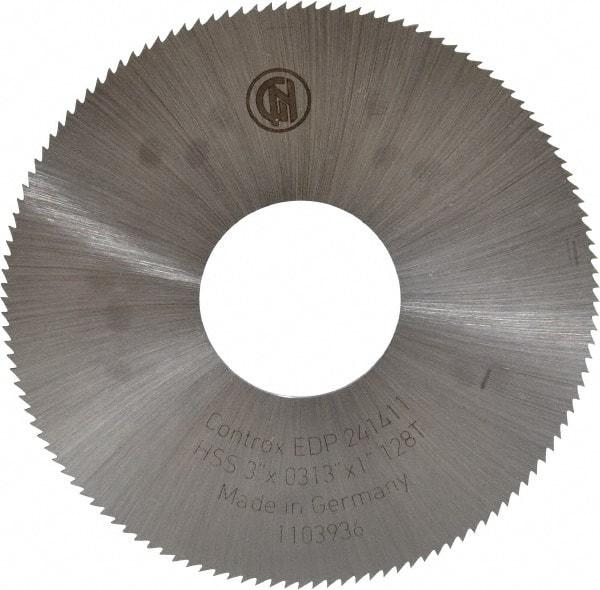 Controx - 3" Diam x 0.0313" Blade Thickness x 1" Arbor Hole Diam, 128 Tooth Slitting & Slotting Saw - Arbor Connection, Right Hand, Uncoated, M2 High Speed Steel, Concave Ground - All Tool & Supply