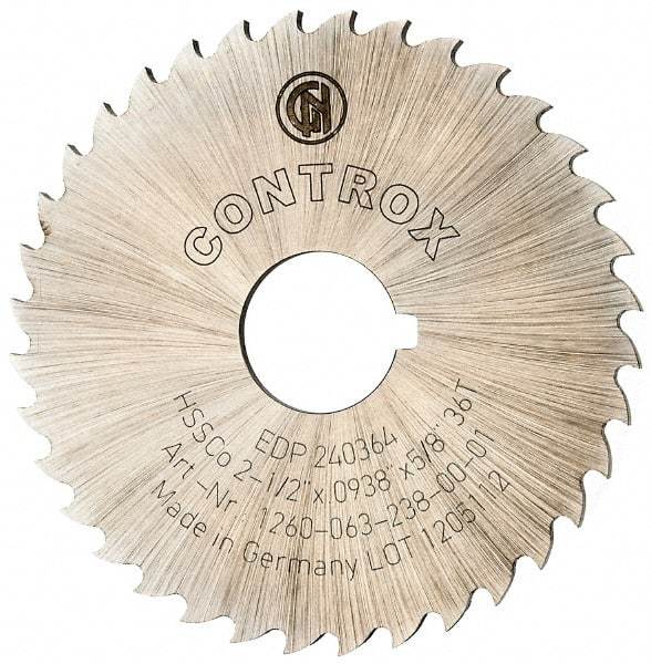 Controx - 2-1/2" Diam x 0.0938" Blade Thickness x 5/8" Arbor Hole Diam, 36 Tooth Slitting and Slotting Saw - Arbor Connection, Right Hand, Uncoated, Cobalt, 15° Rake, Concave Ground, Contains Keyway - All Tool & Supply