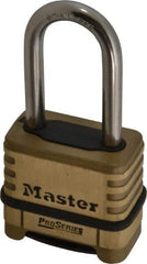 Master Lock - 2-1/4" Body Width x 2" Body Height, 2.094" Shackle Clearance, Brass Body & Stainless Steel Combination Lock - 5/16" Shackle Diam - All Tool & Supply