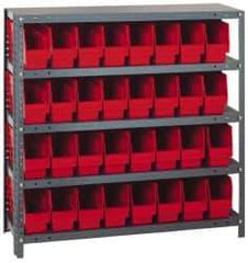 Quantum Storage - 32 Bin Store-More Shelf Bin System - 36 Inch Overall Width x 18 Inch Overall Depth x 39 Inch Overall Height, Red Polypropylene Bins - All Tool & Supply