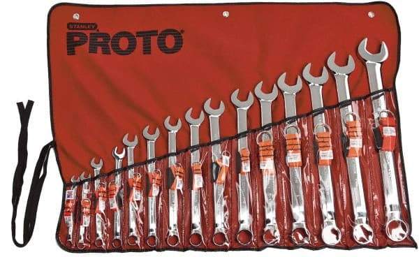 Proto - 15 Piece, 5/16" to 1-1/4", 12 Point Tethered Combination Wrench Set - Inch Measurement Standard, Satin Chrome Finish, Comes in Nylon Roll - All Tool & Supply