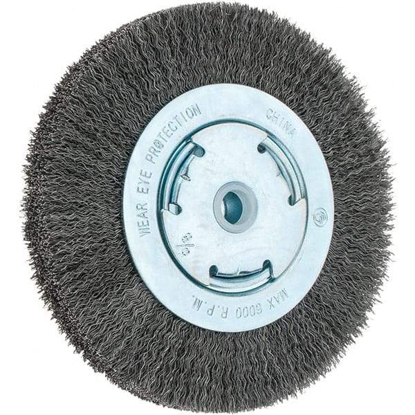 Weiler - 6" OD, 5/8" Arbor Hole, Crimped Steel Wheel Brush - 1-1/8" Face Width, 1-1/8" Trim Length, 0.014" Filament Diam, 6,000 RPM - All Tool & Supply