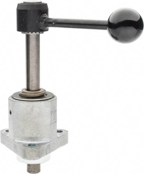 De-Sta-Co - 9,000 N Capacity, M8 Plunger, 16mm Plunger Diam, Flange Mt, One Hand, Hand Lever Actuation, Variable Stroke Straight Line Action Clamp - 60mm Max Rapid Stroke, 4mm Max Clamping Stroke, 9mm Mt Hole Diam, 73mm Overall Height, 196mm OAL - All Tool & Supply