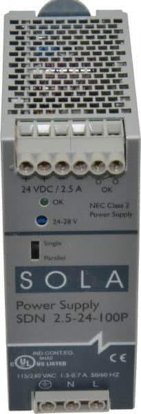 Sola/Hevi-Duty - 60 Watt, 2.50 Amp, 230 VAC Input, 24 VDC Output, DIN Rail Power Supply - 1.97 Inch Wide x 4.55 Inch Deep x 4.88 Inch High, Up to 87.5% Efficiency, 14 to 140°F, Green LED - All Tool & Supply