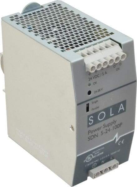 Sola/Hevi-Duty - 120 Watt, 5 Amp, 230 VAC Input, 24 VDC Output, DIN Rail Power Supply - 2.56 Inch Wide x 4.55 Inch Deep x 4.88 Inch High, Up to 88% Efficiency, 14 to 140°F, Green LED - All Tool & Supply