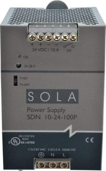 Sola/Hevi-Duty - 240 Watt, 10 Amp, 230 VAC Input, 24 VDC Output, DIN Rail Power Supply - 3.26 Inch Wide x 4.55 Inch Deep x 4.88 Inch High, Up to 88% Efficiency, 14 to 140°F, Green LED - All Tool & Supply