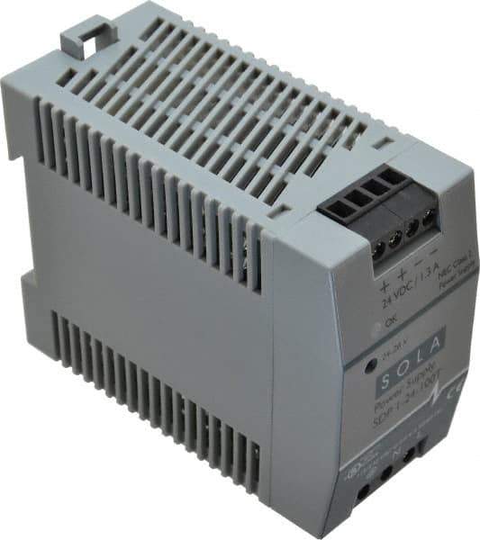 Sola/Hevi-Duty - 100 Watt, 1.30 Amp, 264 VAC, 375 VDC Input, 24 to 28 VDC Output, DIN Rail Power Supply - Screw Terminal Connection, 1 Output, 1.77 Inch Wide x 3.58 Inch Deep x 2.95 Inch High, Up to 83% Efficiency, 14 to 140°F, Green LED Display - All Tool & Supply