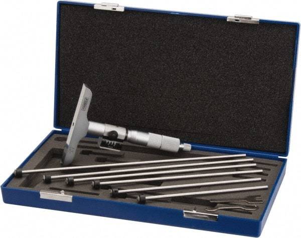 Fowler - 0 to 6" Range, 6 Rod, Satin Chrome Finish Mechanical Depth Micrometer - Ratchet Stop Thimble, 4" Base Length, 0.001" Graduation, 0.176" Rod Diam - All Tool & Supply