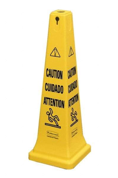 Rubbermaid - Caution, 12-1/4" Wide x 36" High, Plastic Floor Sign - Cone, Black on Yellow, For Accident Prevention - All Tool & Supply