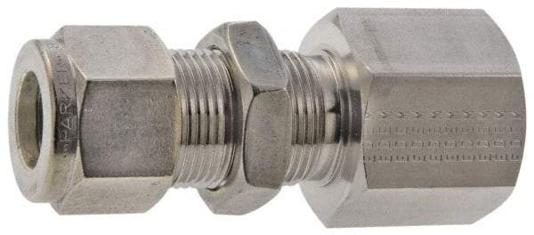 Parker - 1/2" OD, Stainless Steel Bulkhead Female Connector - -425 to 1,200°F, 15/16" Hex, Comp x FNPT Ends - All Tool & Supply
