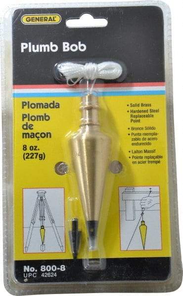 General - 4-1/2 Inch Long, 1-3/16 Inch Diameter Brass Plumb Bob - 8 Ounce, Has Replacable Tip - All Tool & Supply