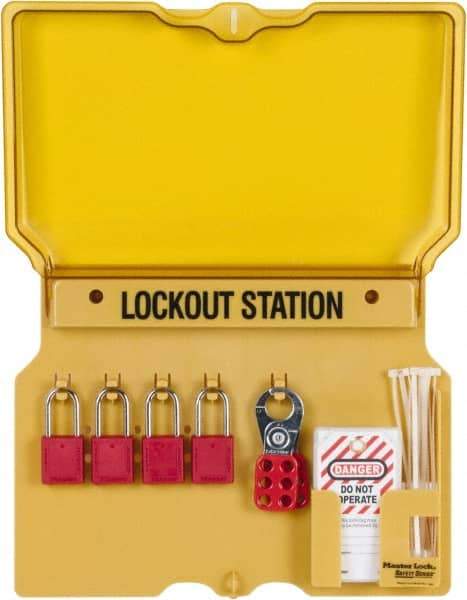 Master Lock - 7 Piece, Equipped Polycarbonate Padlock Station - 16 Inch Wide x 12-1/4 Inch High x 1-3/4 Inch Deep, Black on Yellow, Covered - All Tool & Supply