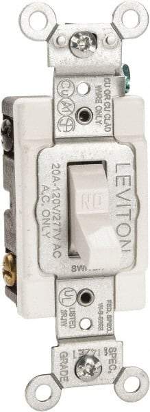 Leviton - 2 Pole, 120 to 277 VAC, 20 Amp, Commercial Grade, Toggle, Wall and Dimmer Light Switch - 1.31 Inch Wide x 4.06 Inch High - All Tool & Supply