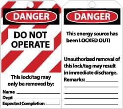 NMC - 3" High x 6" Long, DANGER - DO NOT OPERATE - THIS LOCK/TAG MAY ONLY BE REMOVED BY: NAME___ DEPT___ EXPECTED COMPLETION___, English Safety & Facility Lockout Tag - Tag Header: Danger, 2 Sides, Black, Red & White Unrippable Vinyl - All Tool & Supply