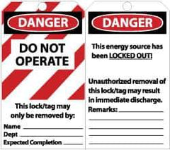 NMC - 3" High x 6" Long, DANGER - DO NOT OPERATE - THIS LOCK/TAG MAY ONLY BE REMOVED BY: NAME___ DEPT___ EXPECTED COMPLETION___, English Safety & Facility Lockout Tag - Tag Header: Danger, 2 Sides, Black, Red & White Unrippable Vinyl - All Tool & Supply