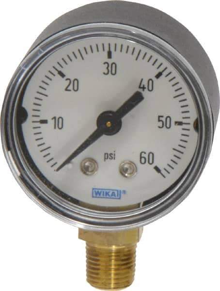 Wika - 1-1/2" Dial, 1/8 Thread, 0-60 Scale Range, Pressure Gauge - Lower Connection Mount, Accurate to 3-2-3% of Scale - All Tool & Supply