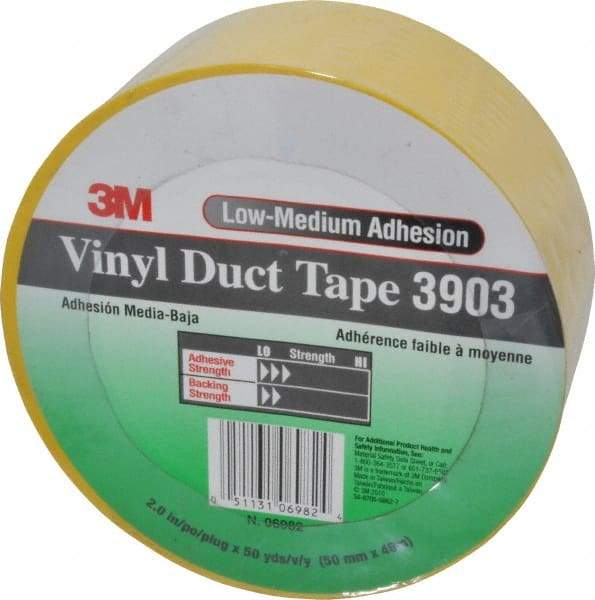 3M - 2" x 50 Yds Yellow Duct Tape - 6.5 mil, Rubber Adhesive, Vinyl Backing, 12.6 Lb/ln Tensile Strength, 200°F Max, Series 3903 - All Tool & Supply