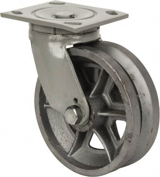 Fairbanks - 6" Diam x 2" Wide, V Groove Metal Swivel Caster - 1,200 Lb Capacity, Top Plate Mount, 4" x 4-1/2" Plate, Roller Bearing - All Tool & Supply