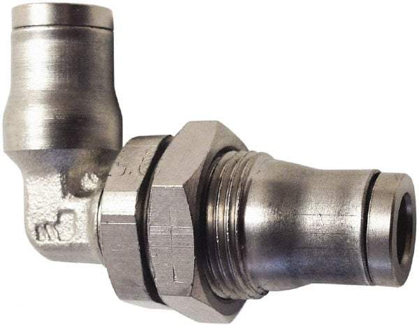 Legris - 12mm Outside Diam, Nickel Plated Brass Push-to-Connect Tube Bulkhead Union Elbow - 435 Max psi, Tube to Tube Connection, FKM O-Ring - All Tool & Supply