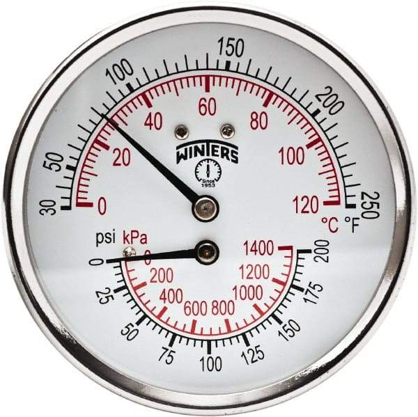 Winters - 3" Dial, 1/2 Thread, 0-200 Scale Range, Pressure Gauge - Center Back Connection Mount, Accurate to 0.03% of Scale - All Tool & Supply