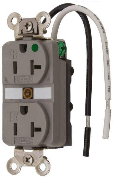 Hubbell Wiring Device-Kellems - 125 VAC, 20 Amp, 5-20R NEMA Configuration, Gray, Hospital Grade, Self Grounding Duplex Receptacle - 1 Phase, 2 Poles, 3 Wire, Flush Mount, Chemical, Corrosion and Impact Resistant, Tamper Resistant - All Tool & Supply