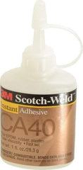 3M - 1 oz Bottle Yellow Instant Adhesive - Series CA40, 3 to 20 sec Fixture Time, 24 hr Full Cure Time, Bonds to Cardboard, Cork Board, Fabric, Fiberglass, Foam, Metal, Plastic, Rubber & Vinyl - All Tool & Supply