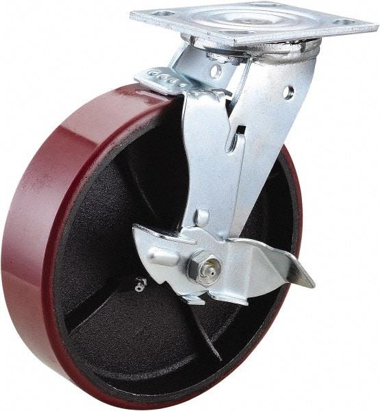 Value Collection - 8" Diam x 2" Wide x 9-1/2" OAH Top Plate Mount Swivel Caster with Brake - Polyurethane, 1,200 Lb Capacity, Roller Bearing, 4 x 4-1/2" Plate - All Tool & Supply