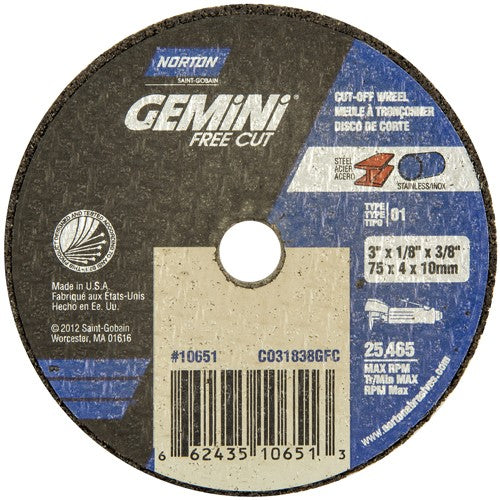 3 × 1/8 × 3/8″ Gemini Free Cut Small Diameter Cut-Off Wheel <=3″ A 36 T Type 01/41 - All Tool & Supply