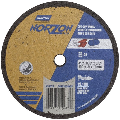 4″ × 0.035″ × 3/8″ NorZon Plus Small Diameter Cut-Off Wheel Type 01 Straight Aluminum Oxide - All Tool & Supply