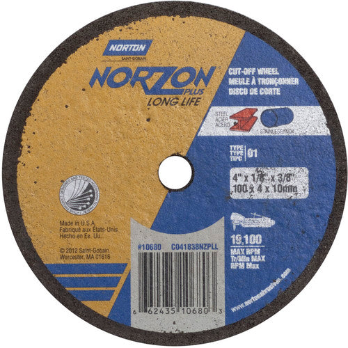 4″ × 1/8″ × 3/8″ NorZon Plus Small Diameter Cut-Off Wheel Type 01 Straight Aluminum Oxide - All Tool & Supply