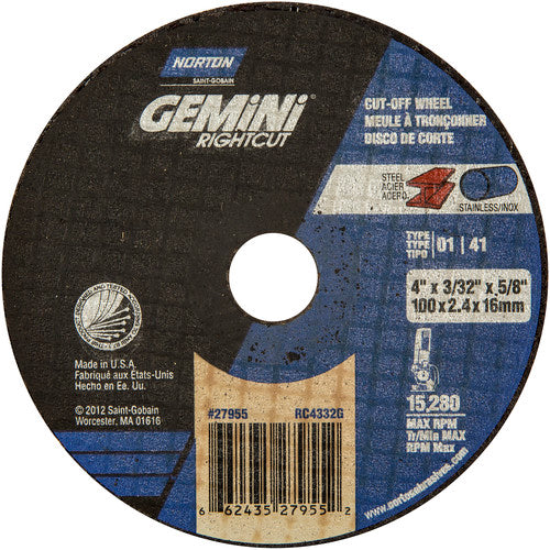 4″ × 0.090″ × 5/8″ Gemini Right Angle Cut-Off Wheel Type 01 Straight 46 Grit - All Tool & Supply