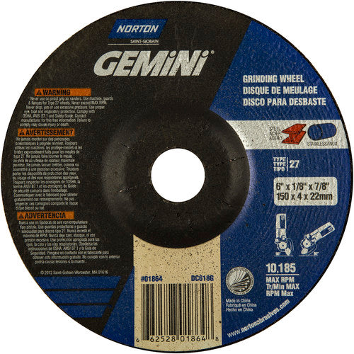 6 × 1/8 × 7/8″ Gemini Long Life Grinding Wheel A 24 T Type 27 - All Tool & Supply