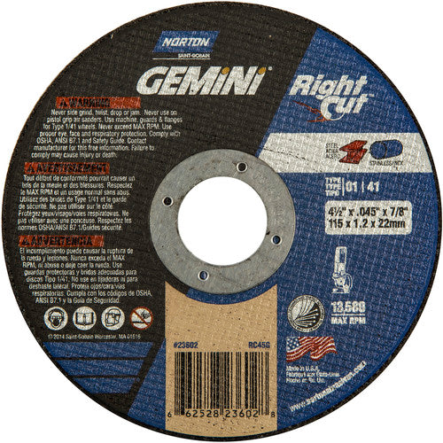 ‎4-1/2 x .045 × 7/8″ Gemini RightCut Right Angle Cut-Off Wheel A 36 Q Type 01/41 - All Tool & Supply