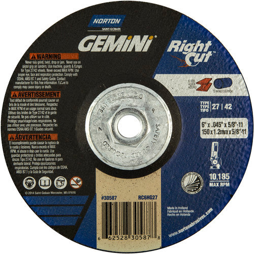 ‎6 x .045 × 5/8 - 11″ Gemini RightCut Cutting Wheel A 24 Q Type 27/42 - All Tool & Supply