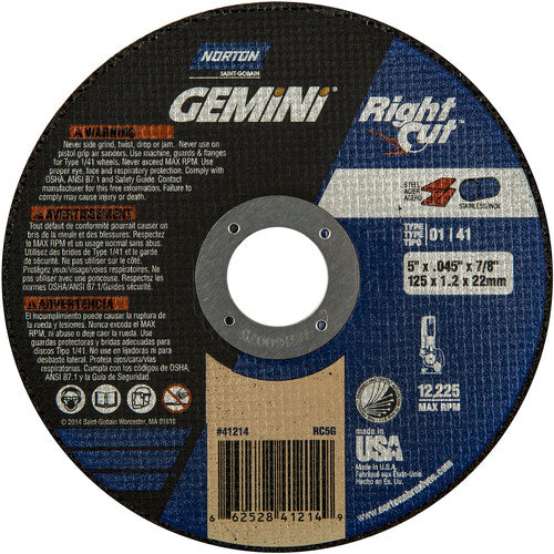 5″ × 0.045″ × 7/8″ Gemini Right Angle Cut-Off Wheel Type 01 Straight Aluminum Oxide - All Tool & Supply