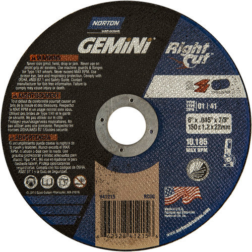 6 x .045 × 7/8″ Gemini RightCut Right Angle Cut-Off Wheel A 36 Q B Type 01/41 - All Tool & Supply