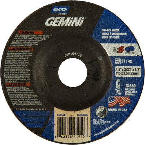 ‎4-1/2 × 3/32 × 7/8″ Gemini Cutting Wheel A 30 R BDA3 Type 27/42 - All Tool & Supply