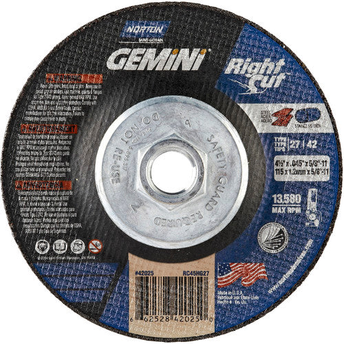 ‎4-1/2 x .045 × 5/8 - 11″ Gemini RightCut Cutting Wheel A 24 T BDA3 Type 27/42 - All Tool & Supply