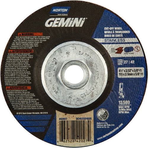 ‎4-1/2 × 3/32 × 5/8 - 11″ Gemini INOX/SS Cutting Wheel A 30 Q BDA Type 27/42 - All Tool & Supply