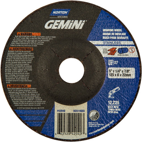 5 × 1/4 × 7/8″ Gemini INOX/SS Grinding Wheel A 24 Q BDA Type 27 - All Tool & Supply