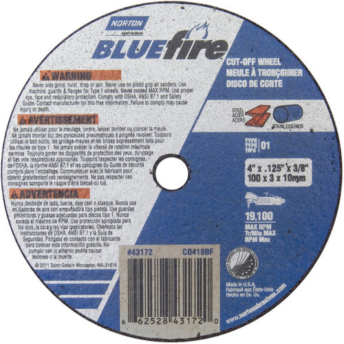 4″ × 1/8″ × 3/8″ BlueFire Small Diameter Cut-Off Wheel Type 01 Straight - All Tool & Supply