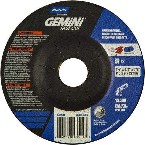 ‎4-1/2 × 1/4 × 7/8″ Gemini Fast Cut Grinding Wheel A 24 N BDA Type 27 - All Tool & Supply