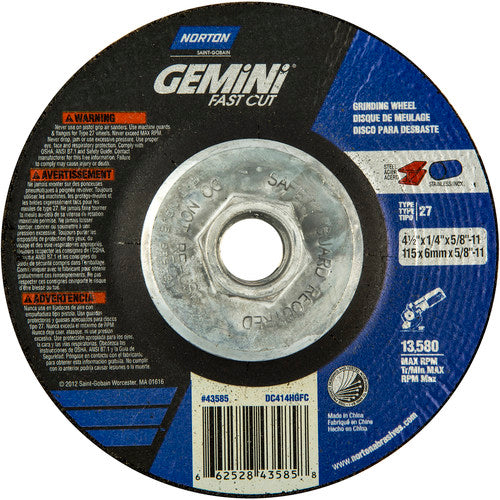 ‎4-1/2 × 1/4 × 5/8 - 11″ Gemini Fast Cut Grinding Wheel A 24 N BDA Type 27 - All Tool & Supply