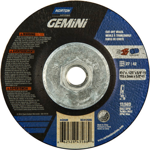 ‎4-1/2 x .125 × 5/8 - 11″ Gemini Cutting Wheel A 24 T BDA3 Type 27/42 - All Tool & Supply