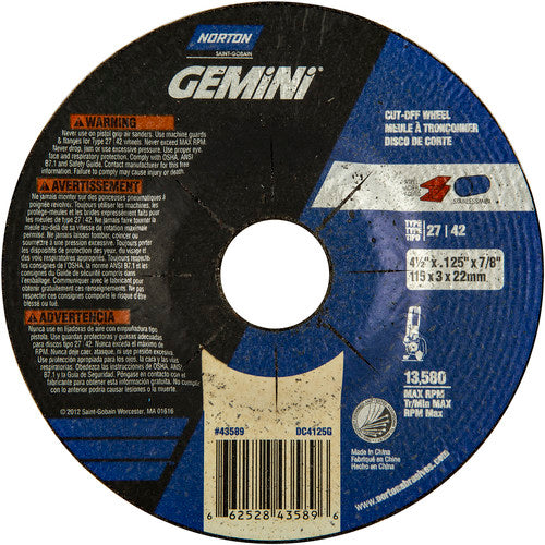 ‎4-1/2 x .125 × 7/8″ Gemini Cutting Wheel A 24 T BDA3 Type 27/42 - All Tool & Supply