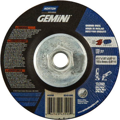 ‎4-1/2 × 1/8 × 5/8 - 11″ Gemini Long Life Grinding Wheel A 24 Q BDA Type 27 - All Tool & Supply